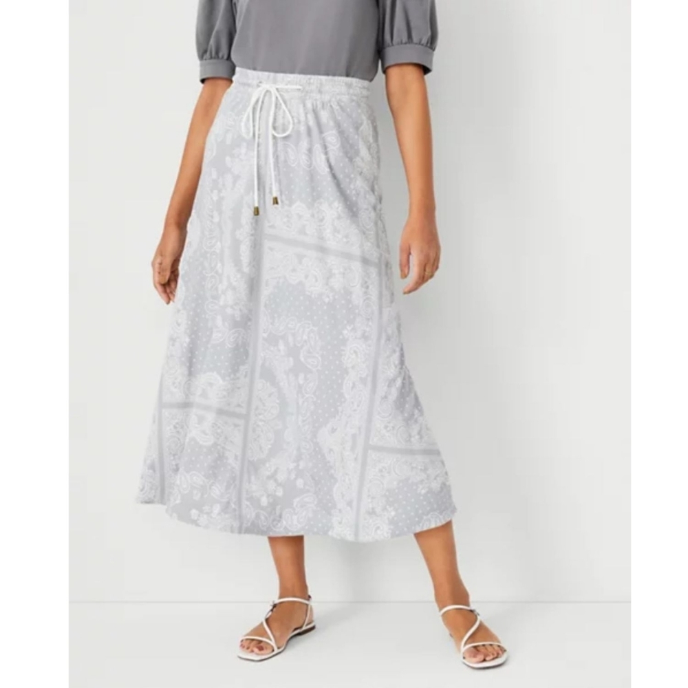 Ann Taylor Drawstring Pull On Maxi Skirt Gray Floral Soft Elastic Waist Size S